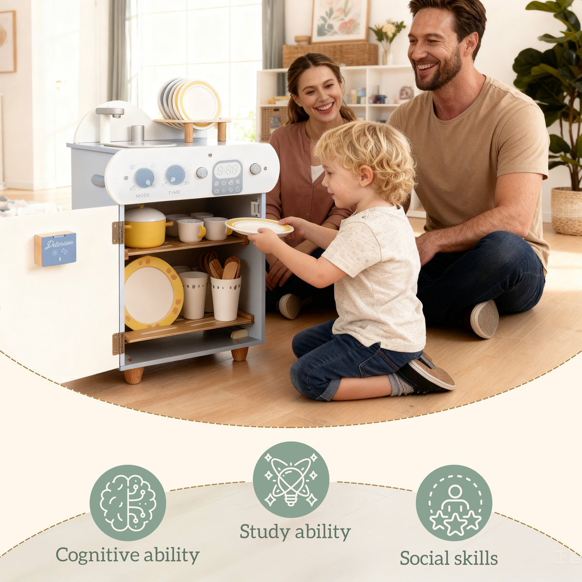 Wooden dishwasher playset toy for kids — Set of 32
