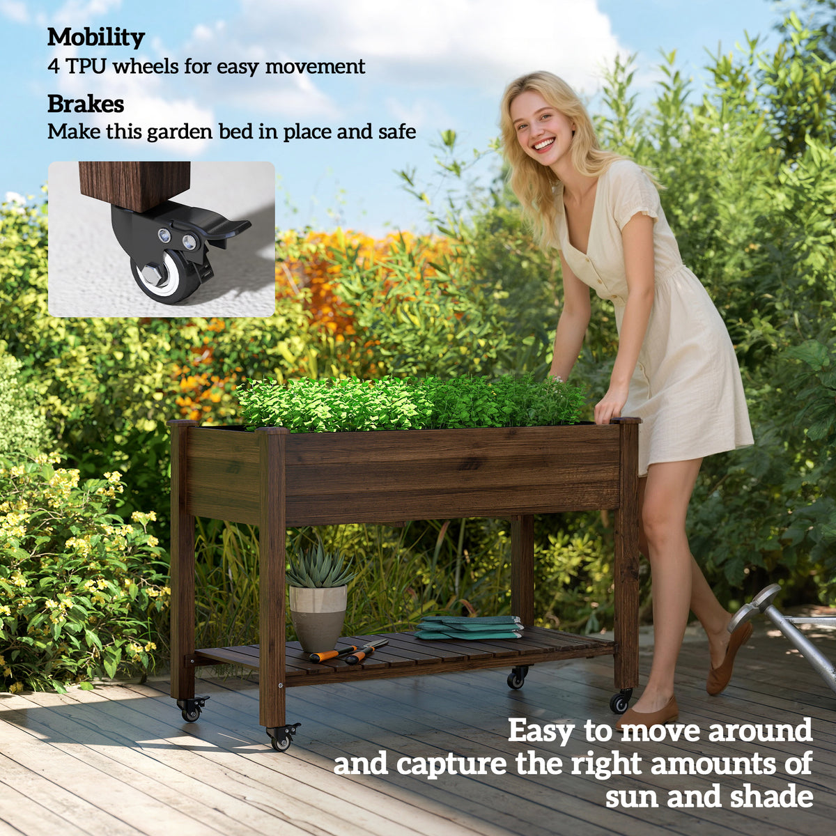 Jardinera elevada móvil de madera con ruedas
