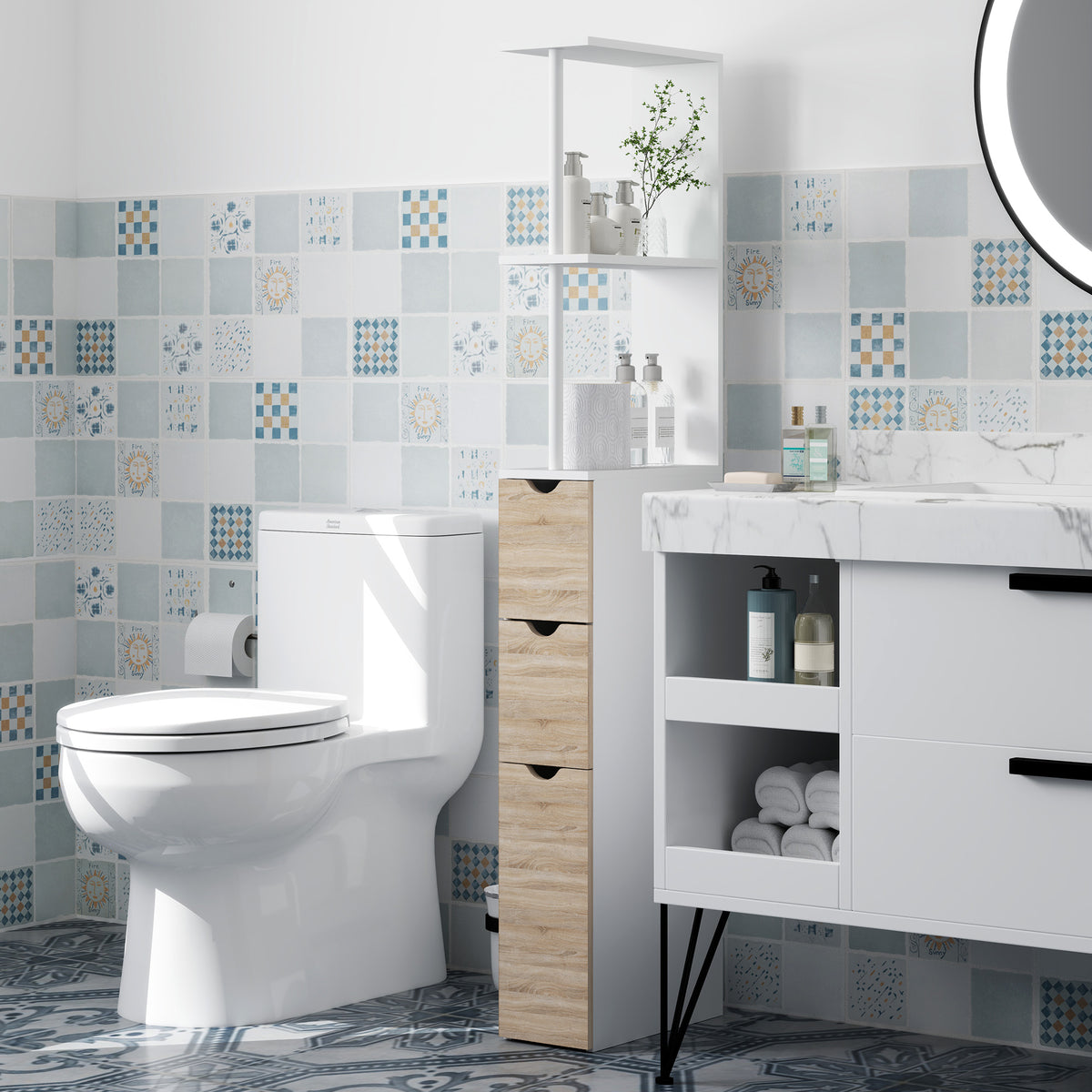 Tall narrow bathroom storage cabinet in wood