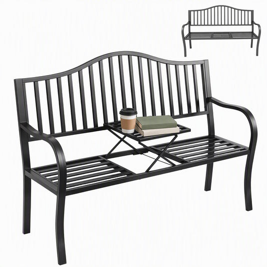 Outdoor bench with retractable table — black