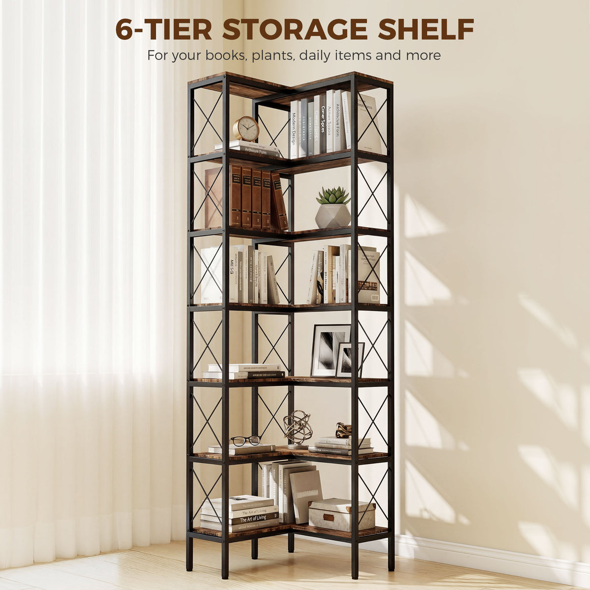 6-Tier L-Shaped Corner Bookshelf Industrial Style