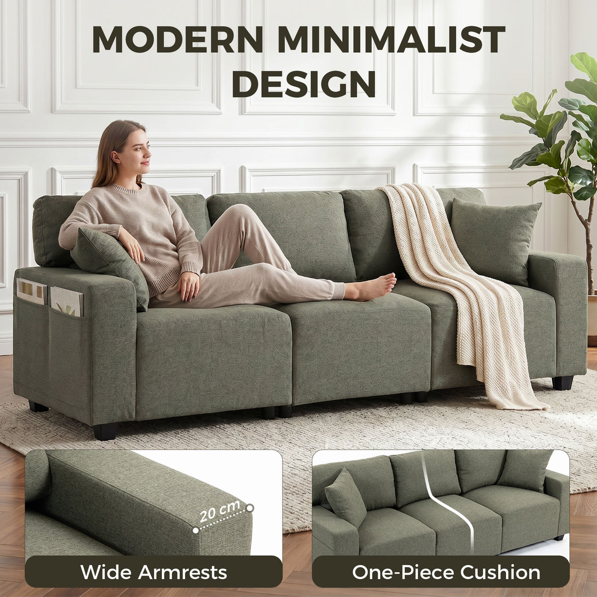 3-Seater Sofa with Side Pockets and Pocket Springs