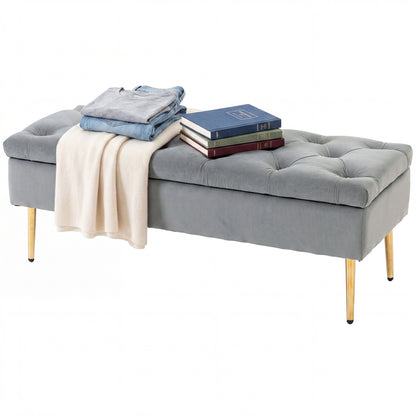 Tufted Velvet Storage Bench with Gold Metal Legs
