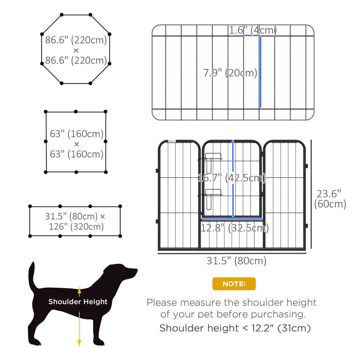 Parque para perros de 8 paneles, 23,5 pulgadas de altura