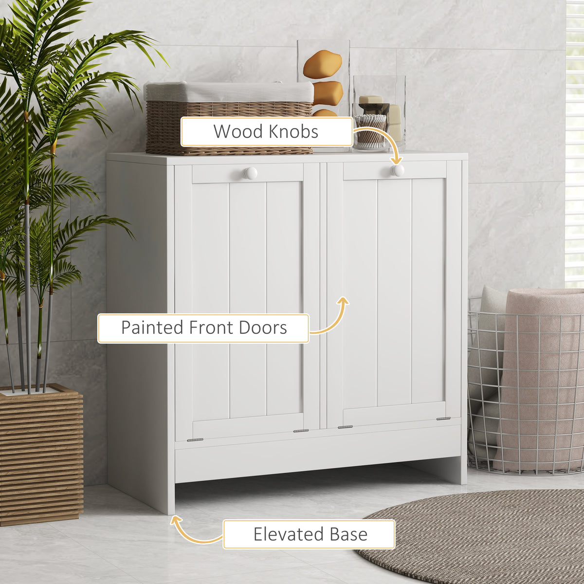Modern tilt-out laundry hamper cabinet with two compartments