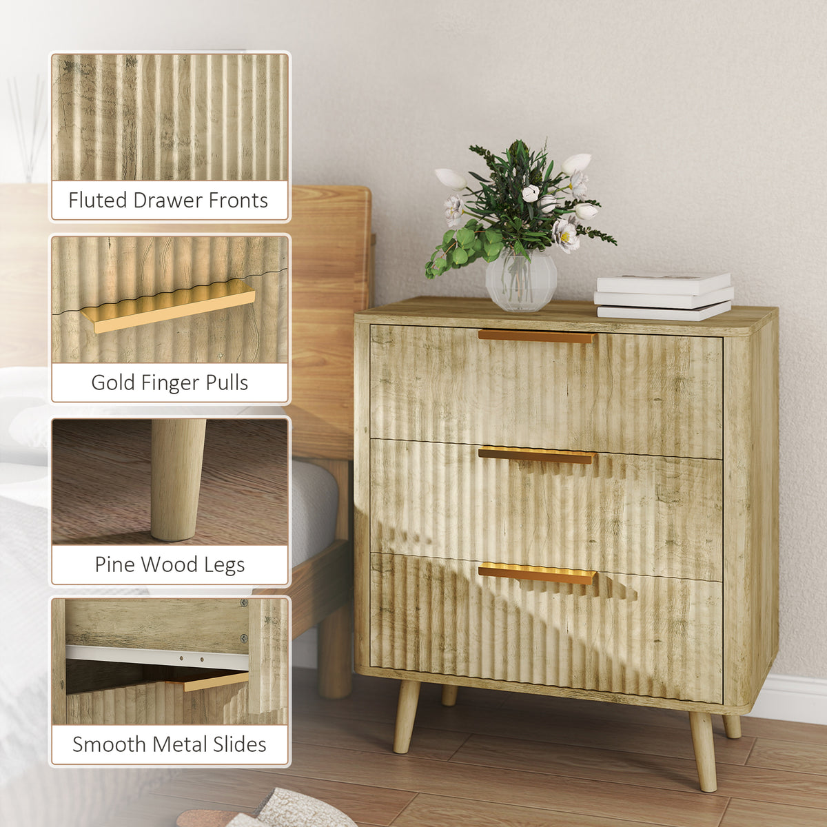 Modern 3 Drawer Fluted Chest of Drawers