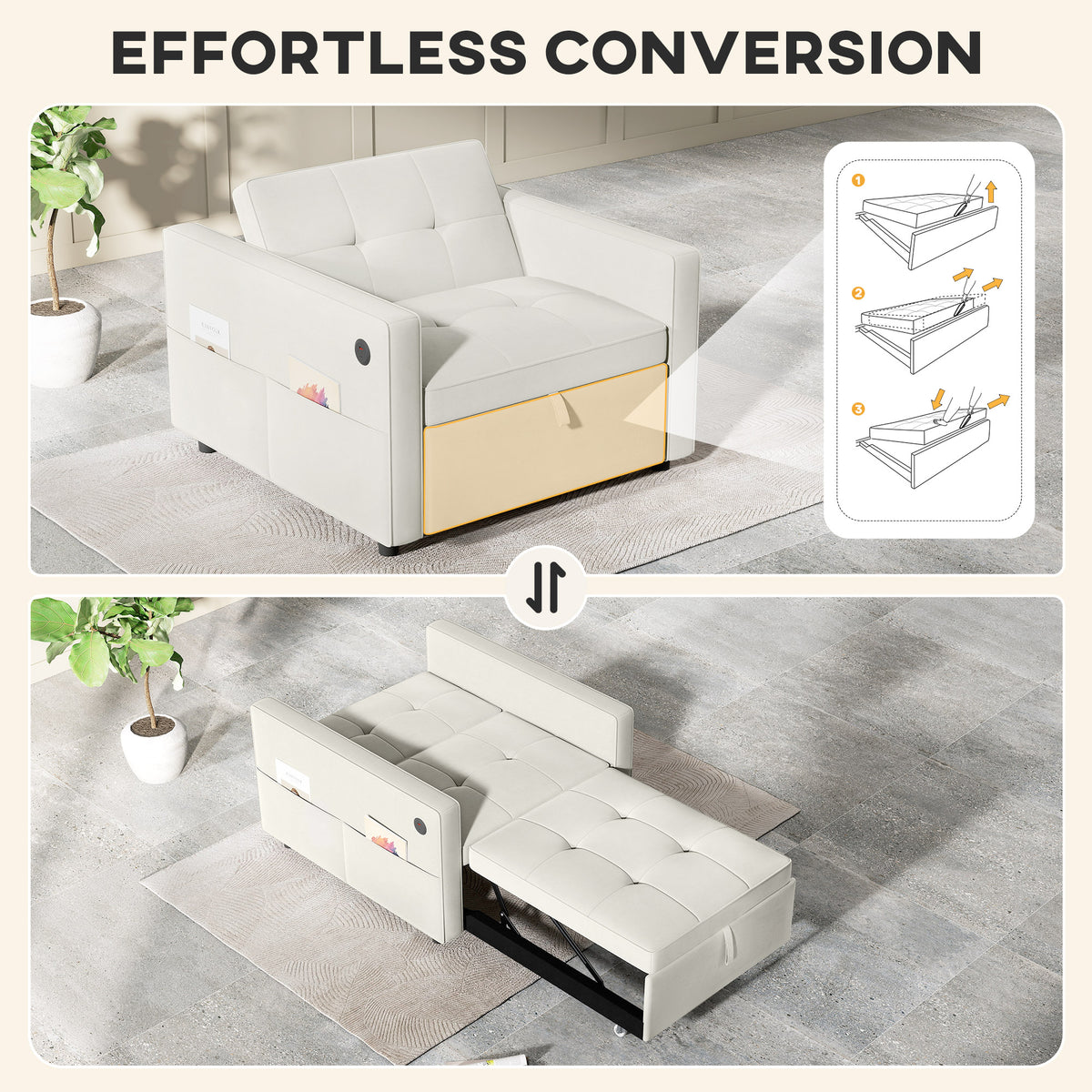 Convertible Velvet Chair Bed with USB Charging