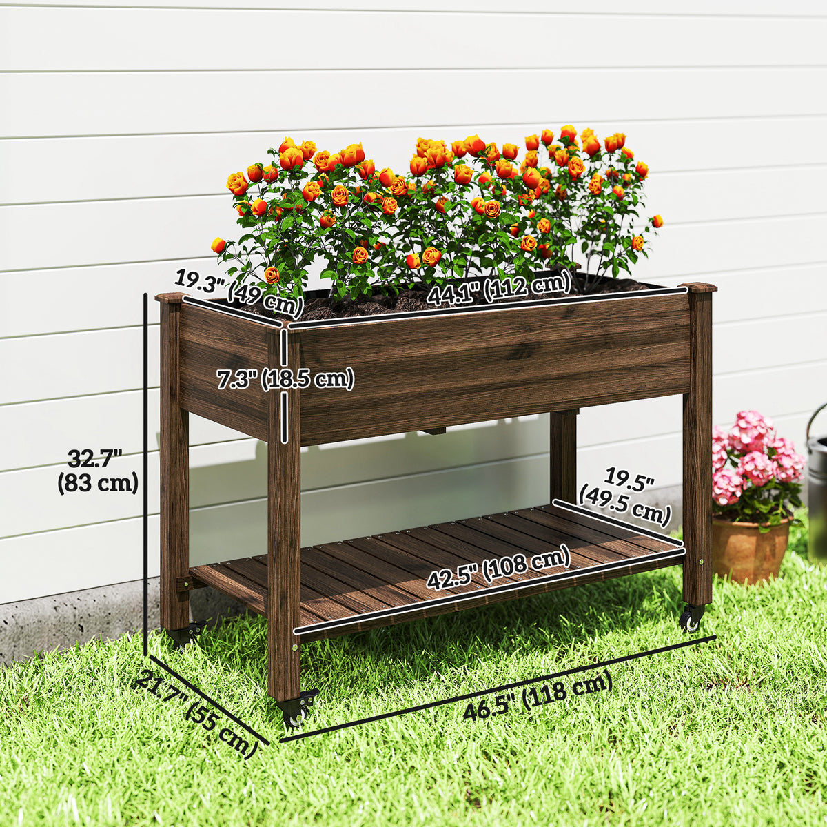 Jardinera elevada móvil de madera con ruedas