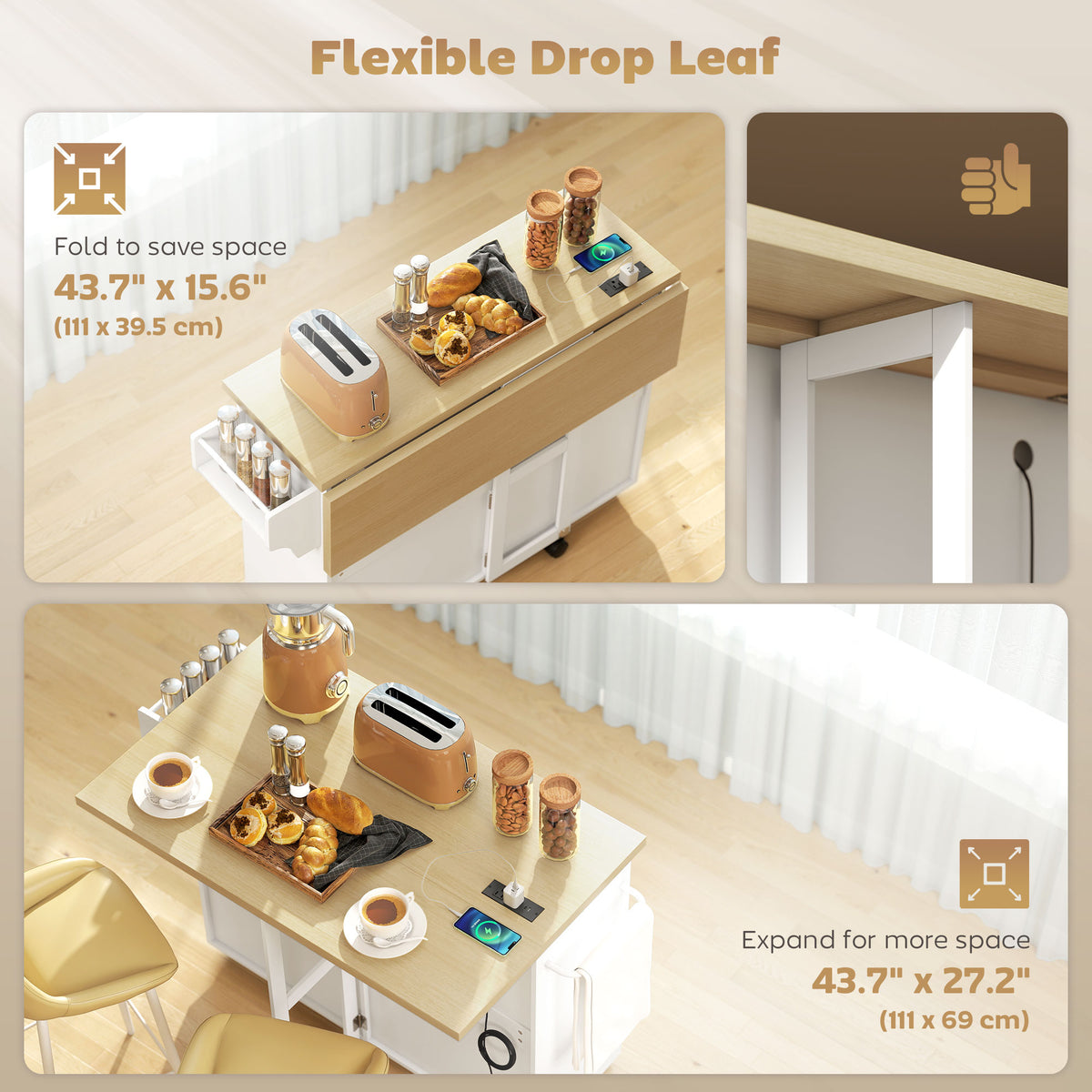 Kitchen island with charging station and drop leaf