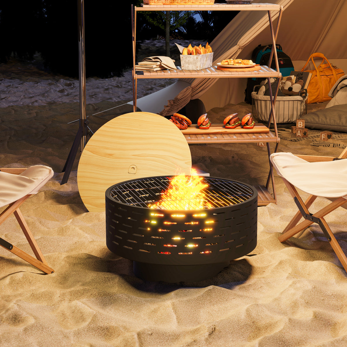 3-in-1 Outdoor Fire Pit with Grill Grate and Lid