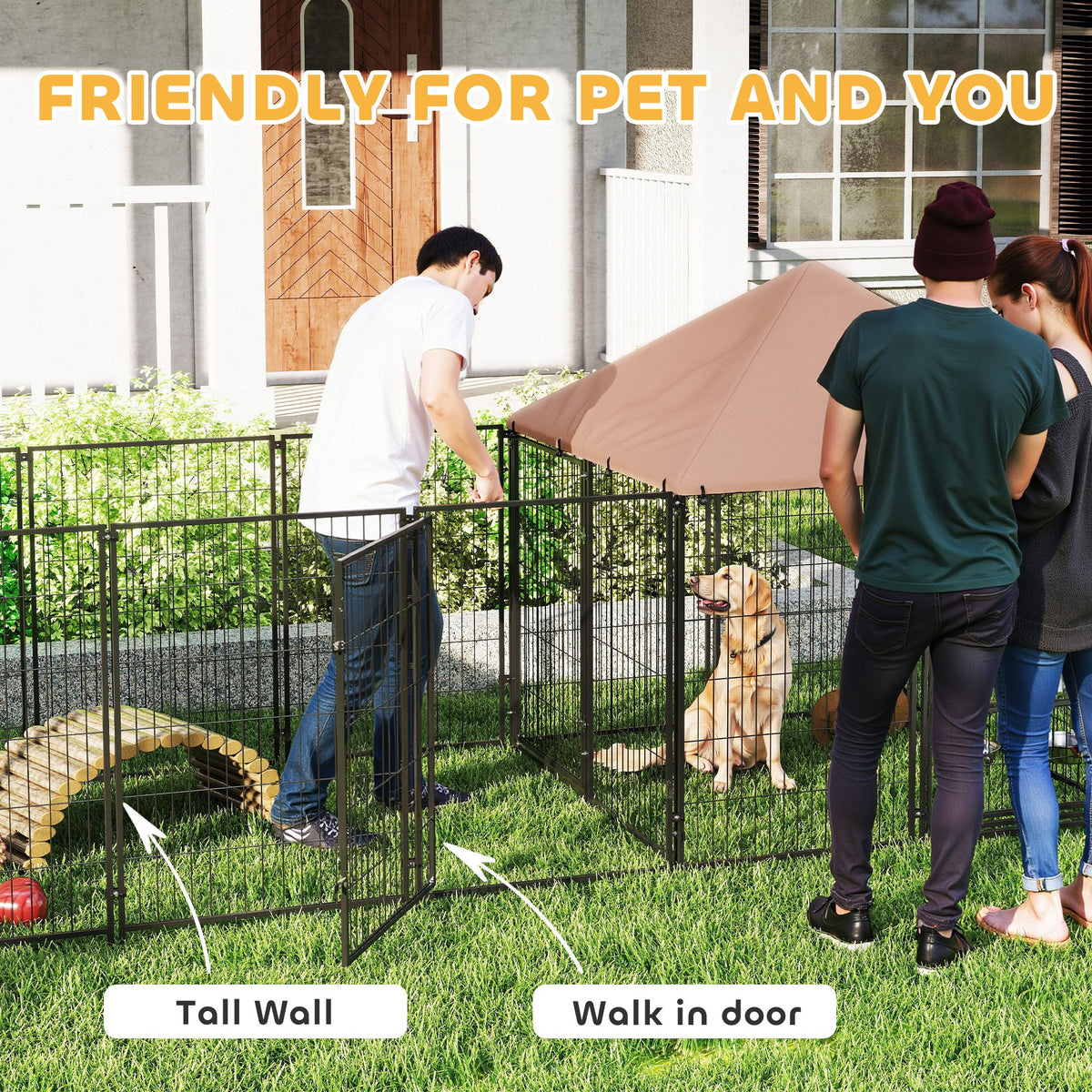 Corral exterior para perros con techo y tazones
