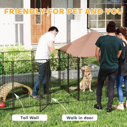 Corral exterior para perros con techo y tazones