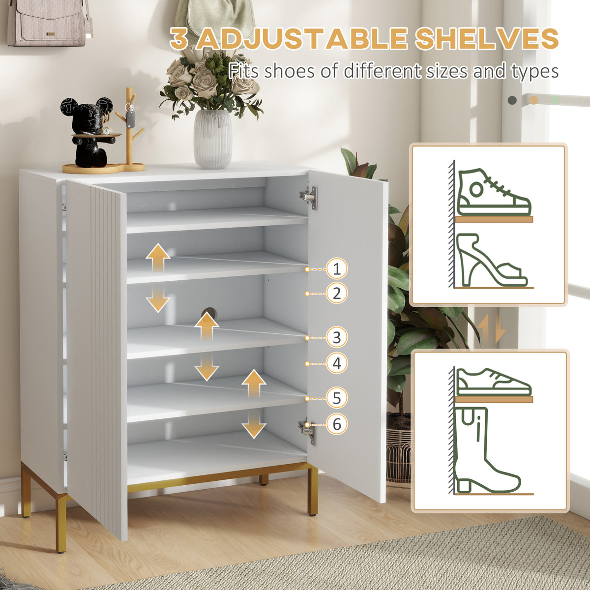 Shoe storage cabinet with adjustable shelves