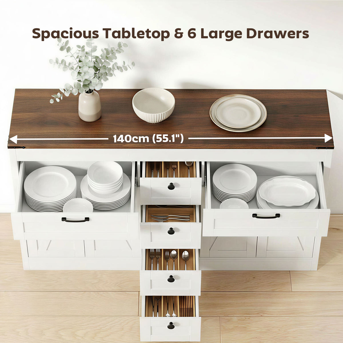 Farmhouse Buffet Sideboard Cabinet 4 Barn Doors 6 Drawers