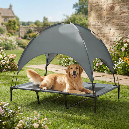 Elevated dog bed with canopy
