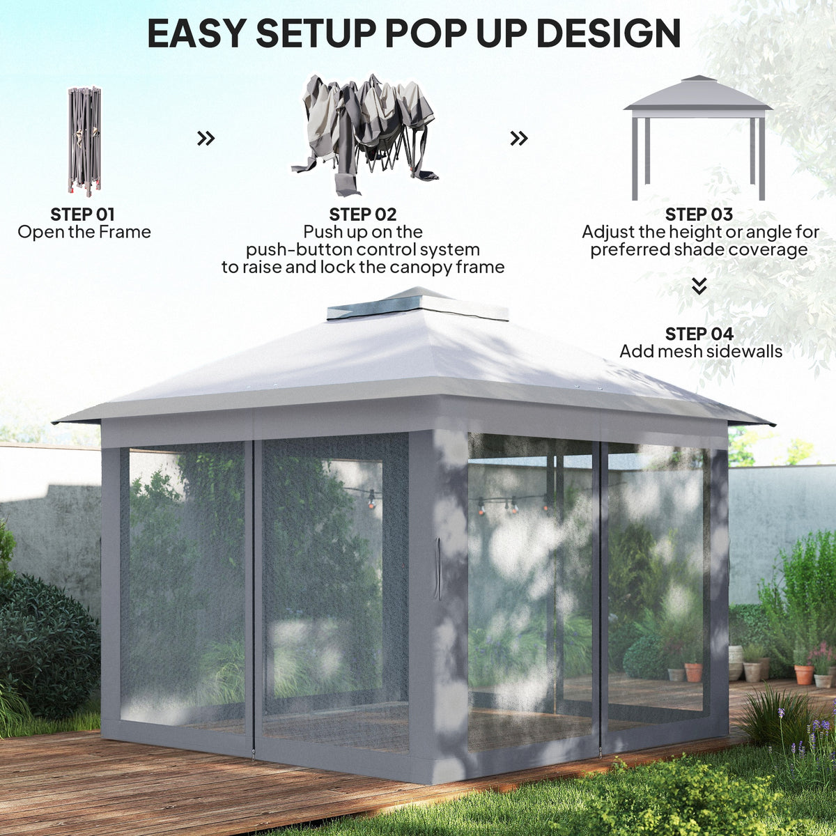 Double Roof Pop-Up Gazebo with Mesh Sidewalls 11 ft x 11 ft