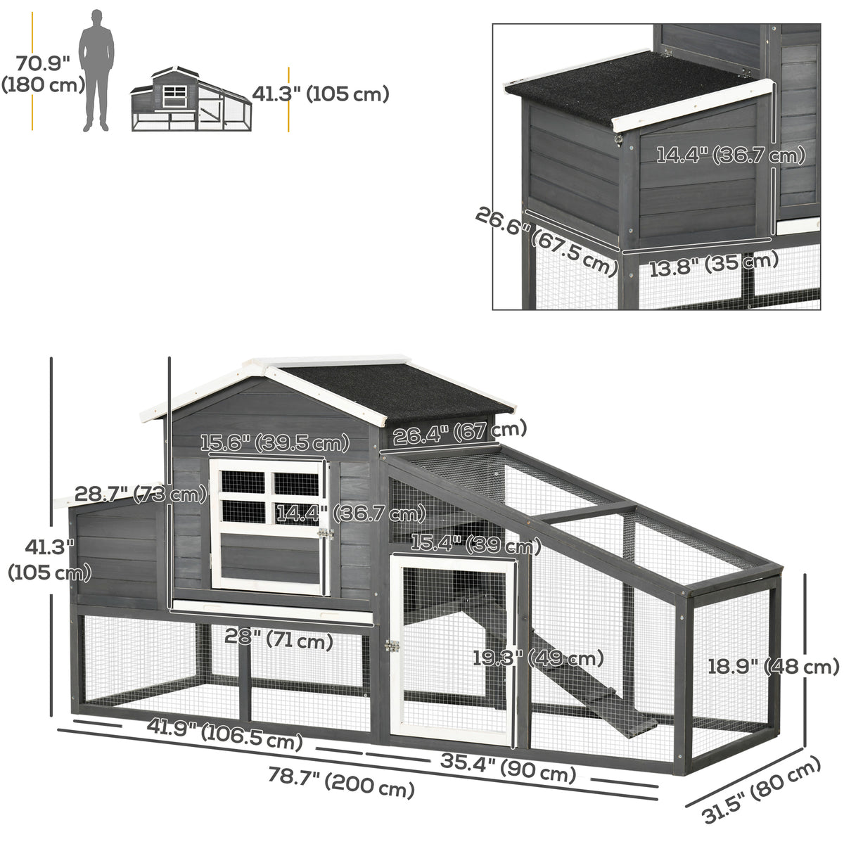 Wooden outdoor chicken coop with run and nesting box