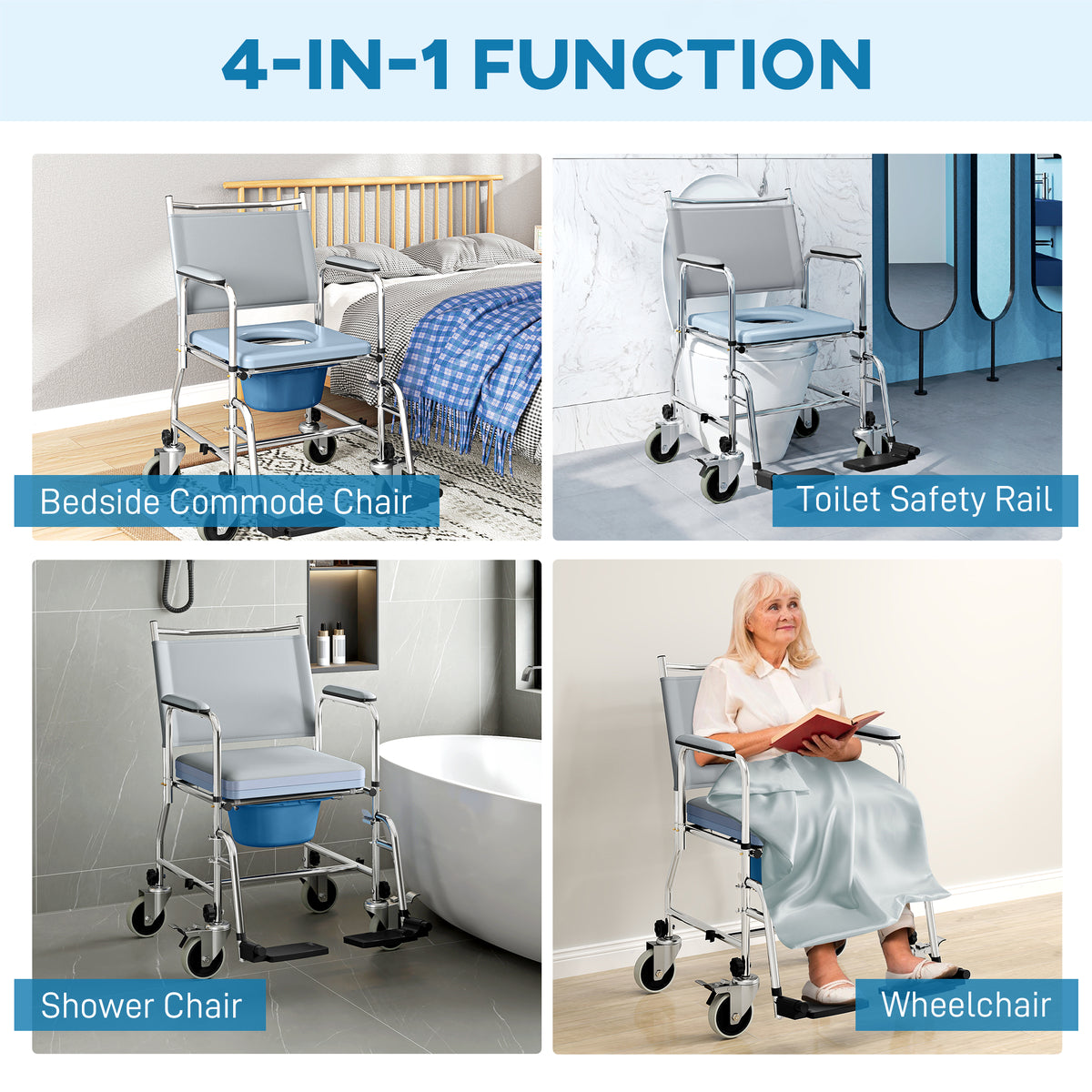Rolling shower chair 4-in-1 — grey