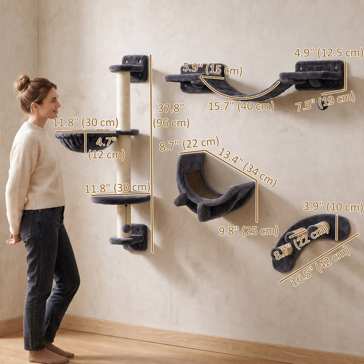 Cat wall climbing shelf set with scratching post — Set of 4