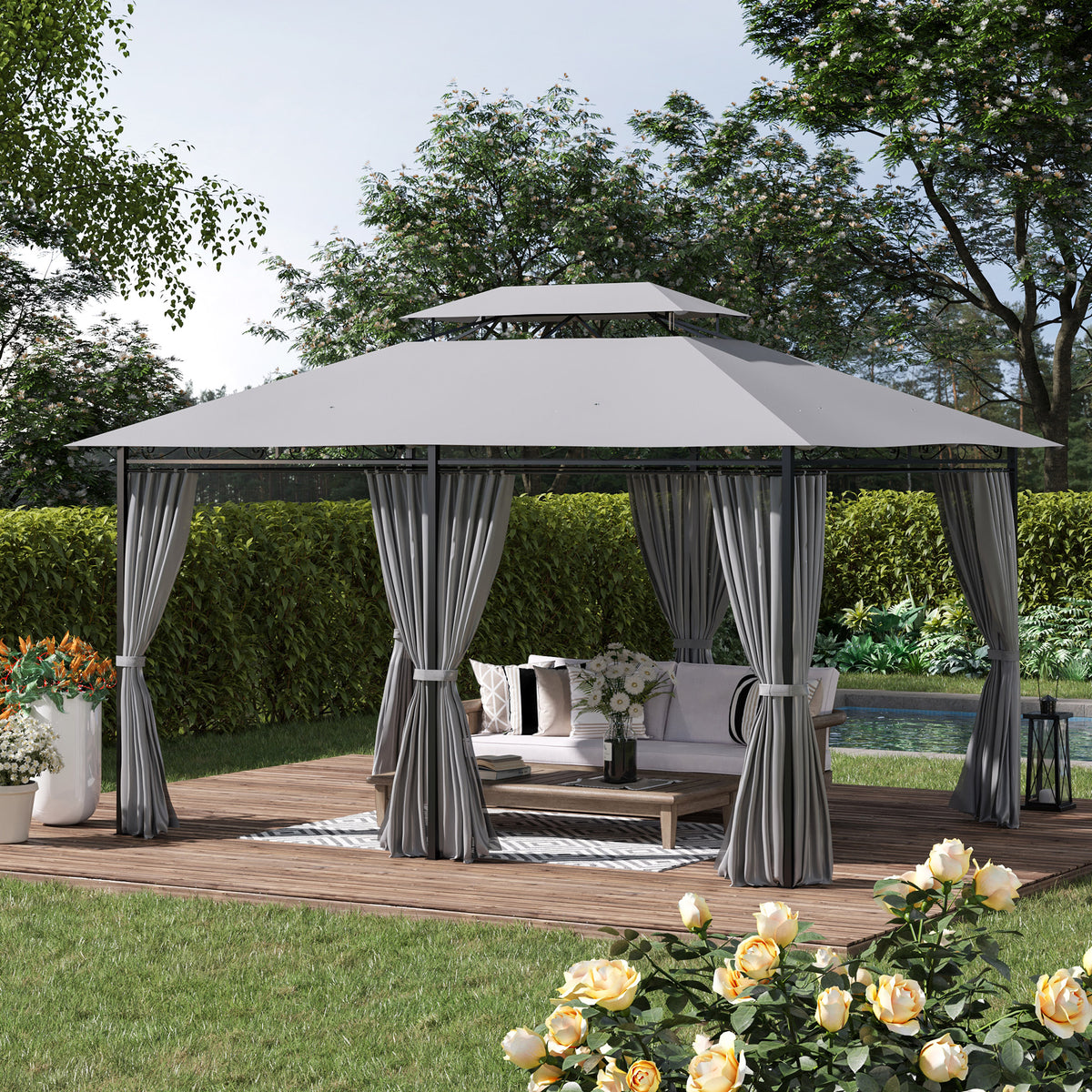 2-Tier Patio Gazebo 10x13 ft with Curtains