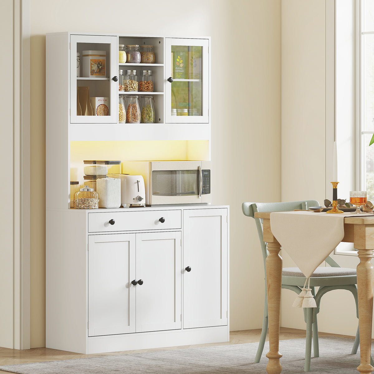 Tall kitchen pantry freestanding storage cabinet with LED light
