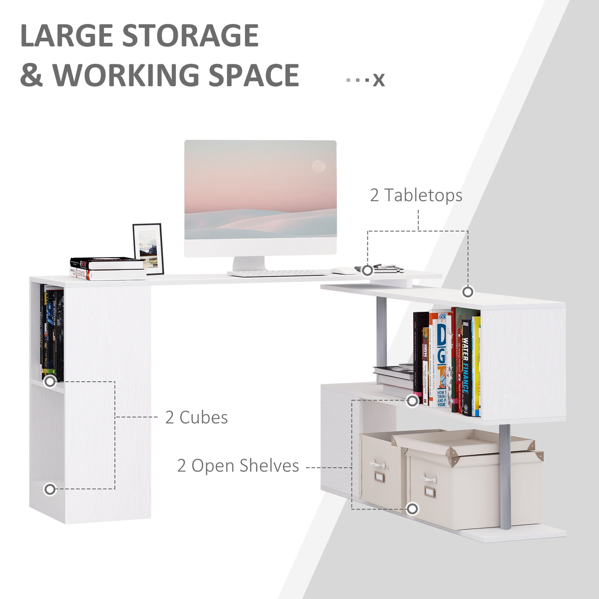Corner Desk 360° Rotating with 3-Tier Shelves