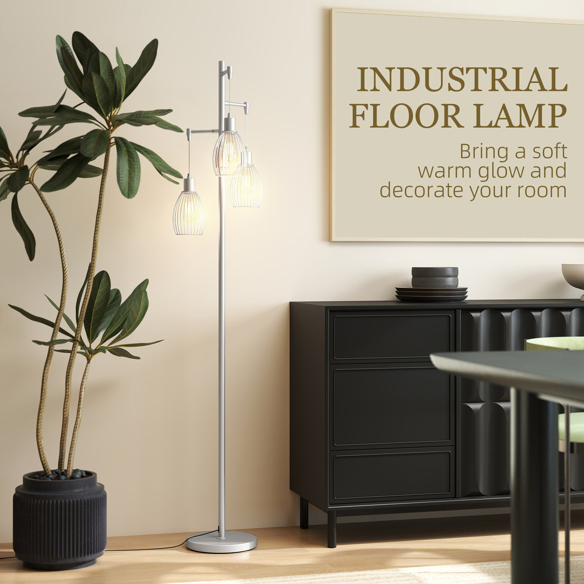 Industrial Floor Lamp 3 Hanging Cage Shades, Dimmable