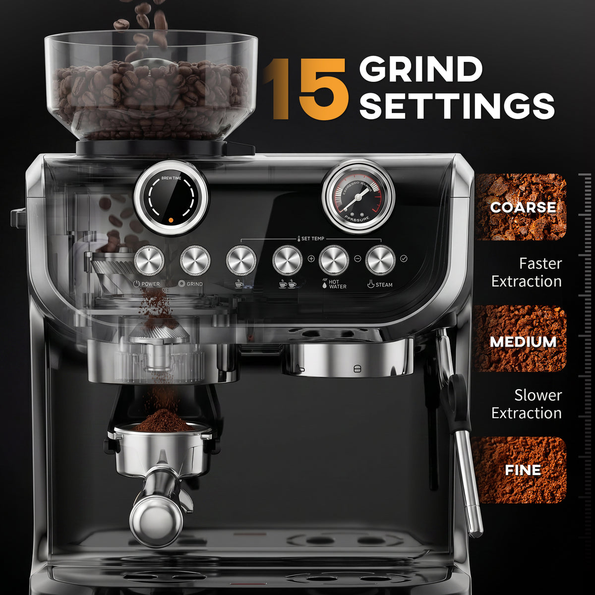 15 Bar Espresso Machine with Grinder and Milk Frother