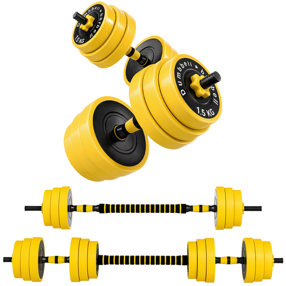 Conjunto de mancuernas y barra ajustables