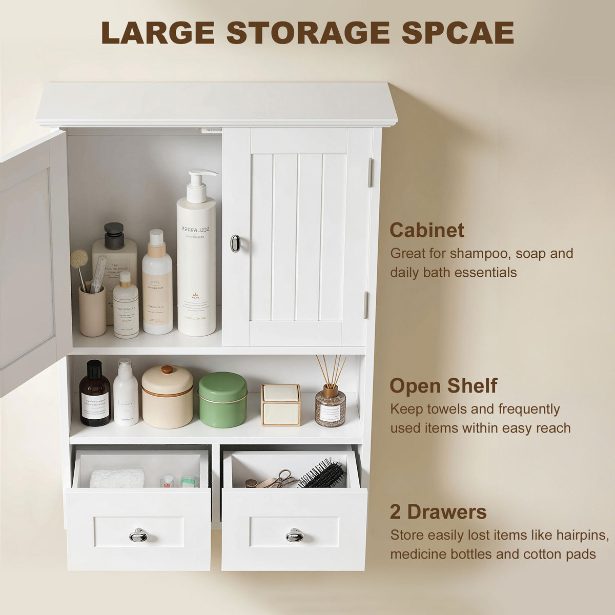 Wall Cabinet Bathroom with Drawers and Open Shelf