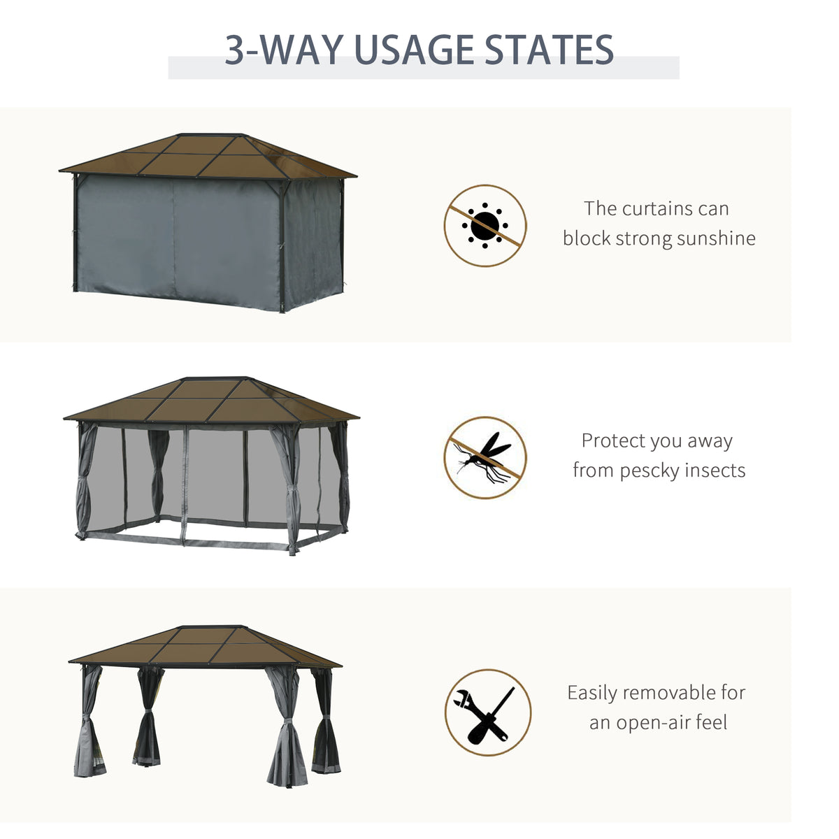 Hardtop Aluminium Gazebo with Curtains and Mesh Screens