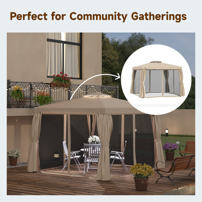 Double Roof Patio Gazebo with Curtains and Mesh Screen