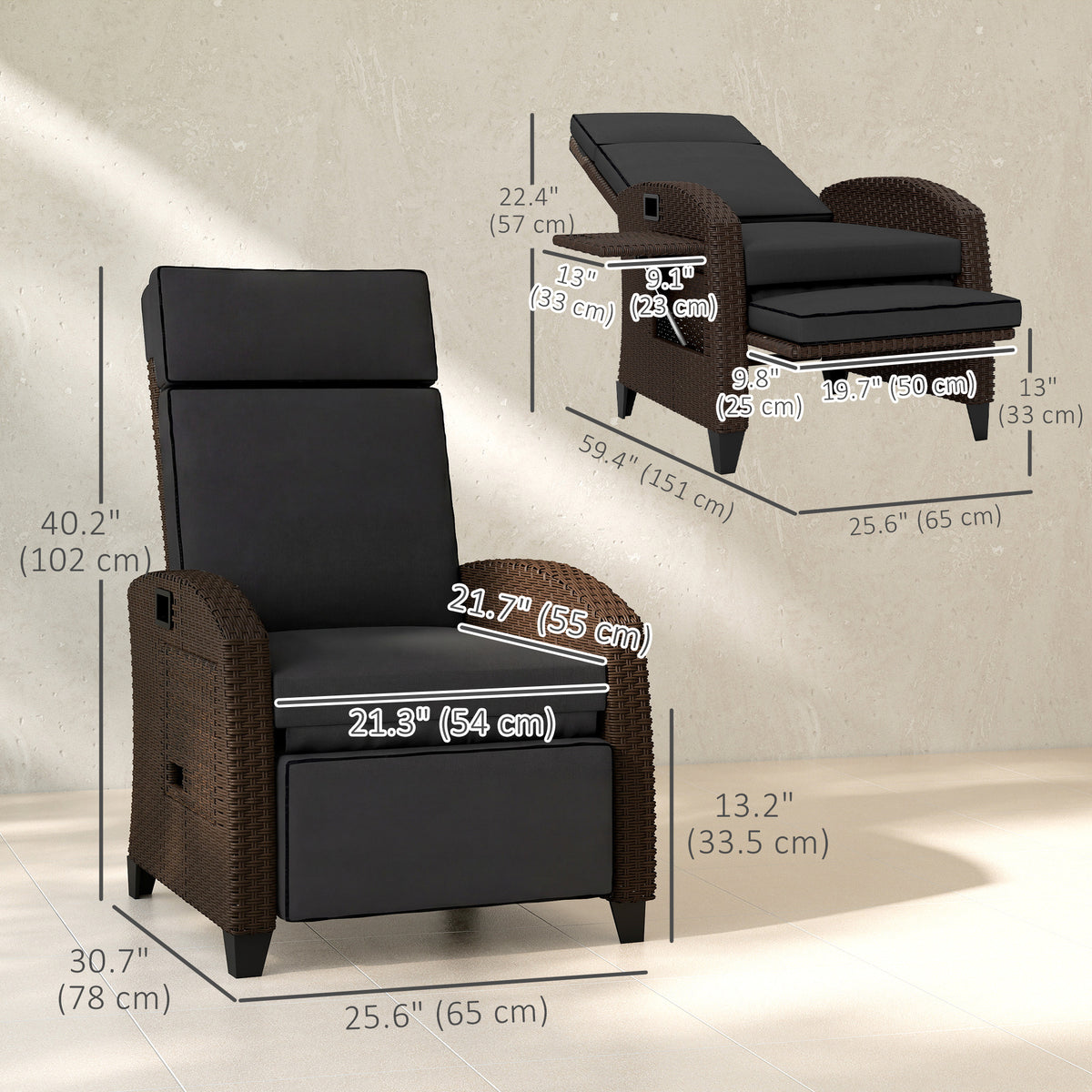 Reclining Wicker Lounge Chair with Adjustable Backrest