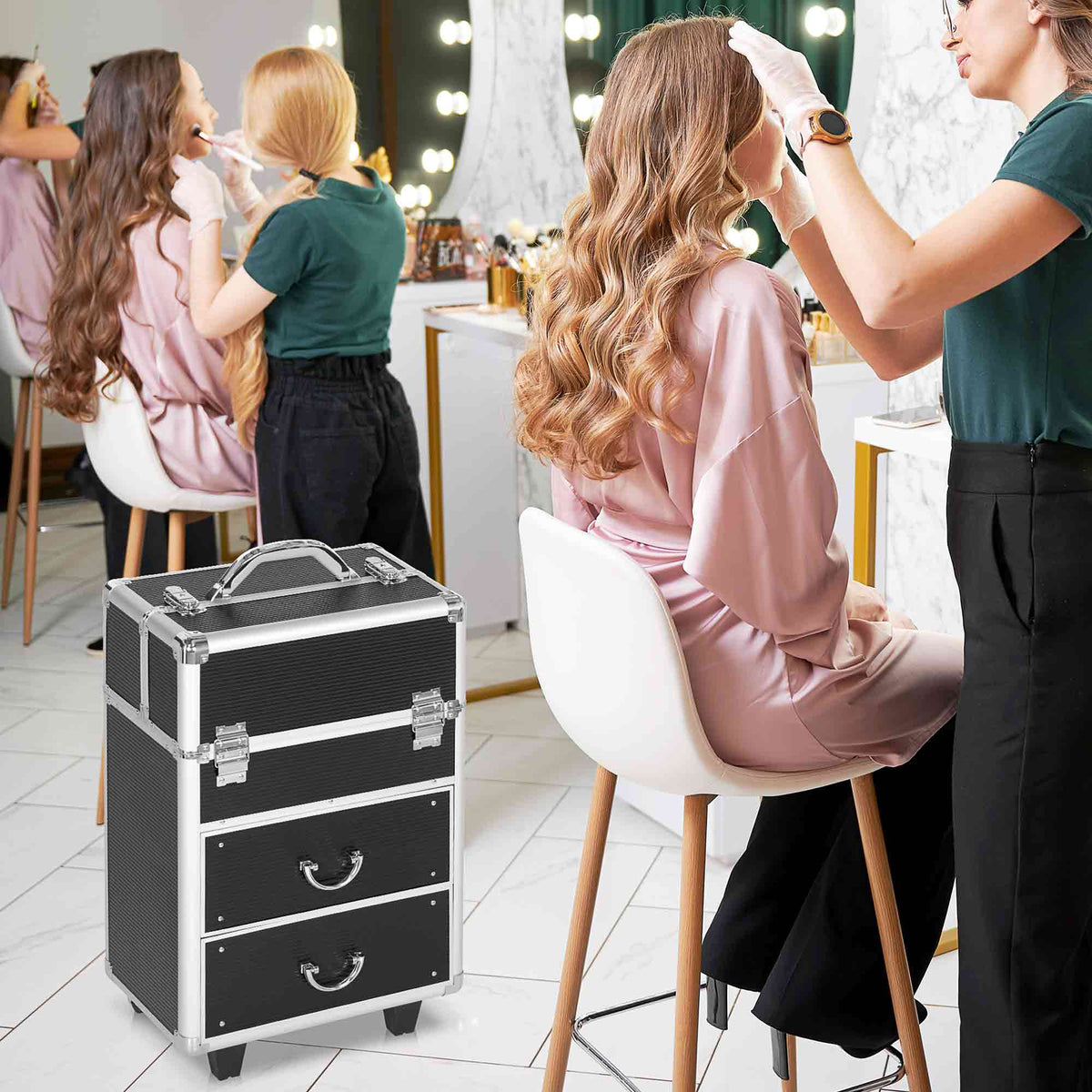 Maletín de maquillaje profesional con ruedas de aluminio