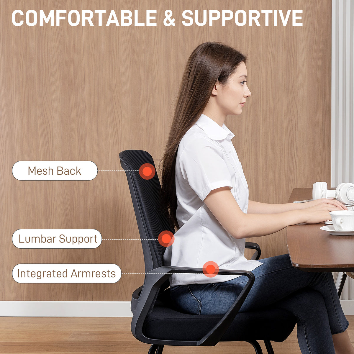 Office Chair No Wheels Lumbar Support Mesh Back