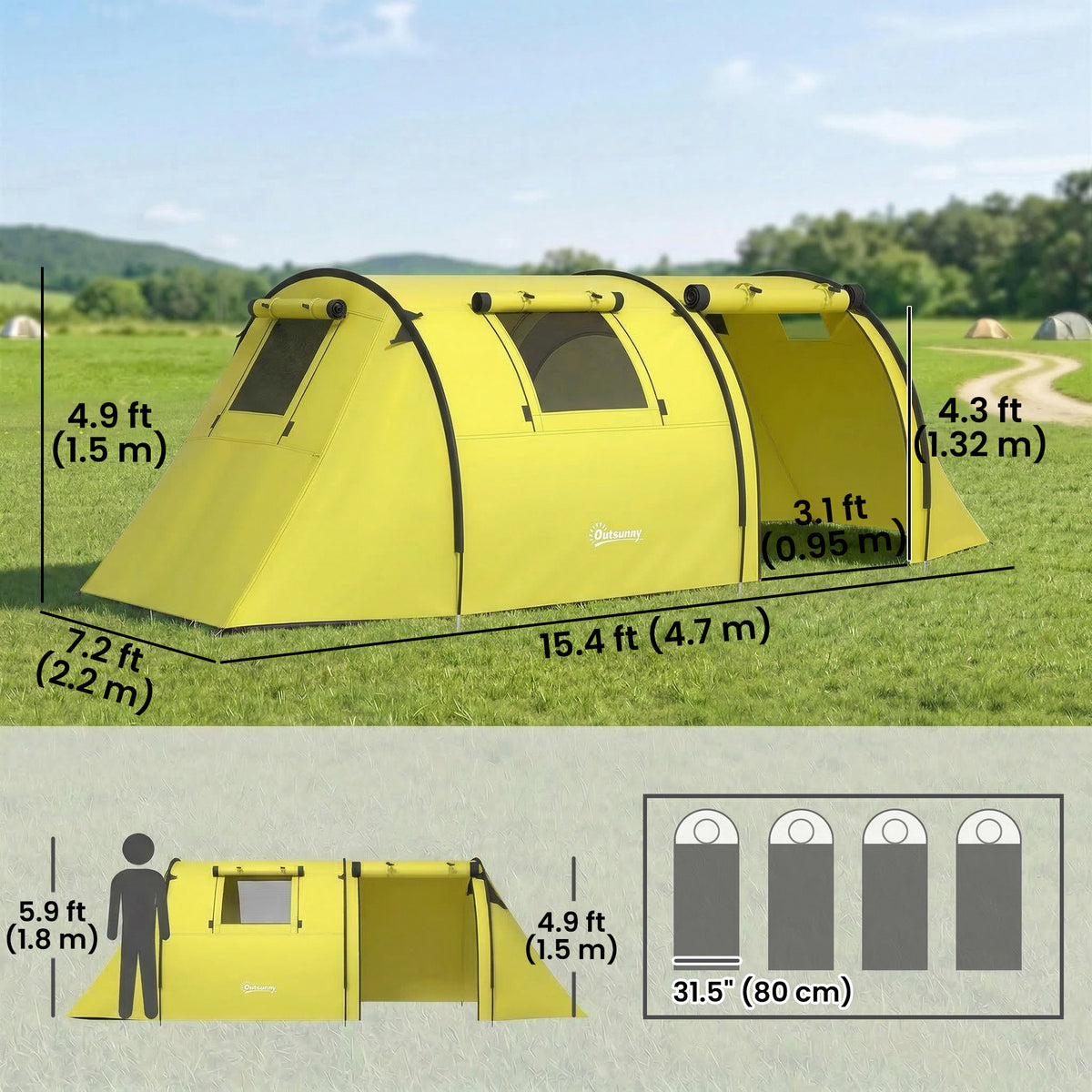2-Room Waterproof Camping Tent for 3-4 People