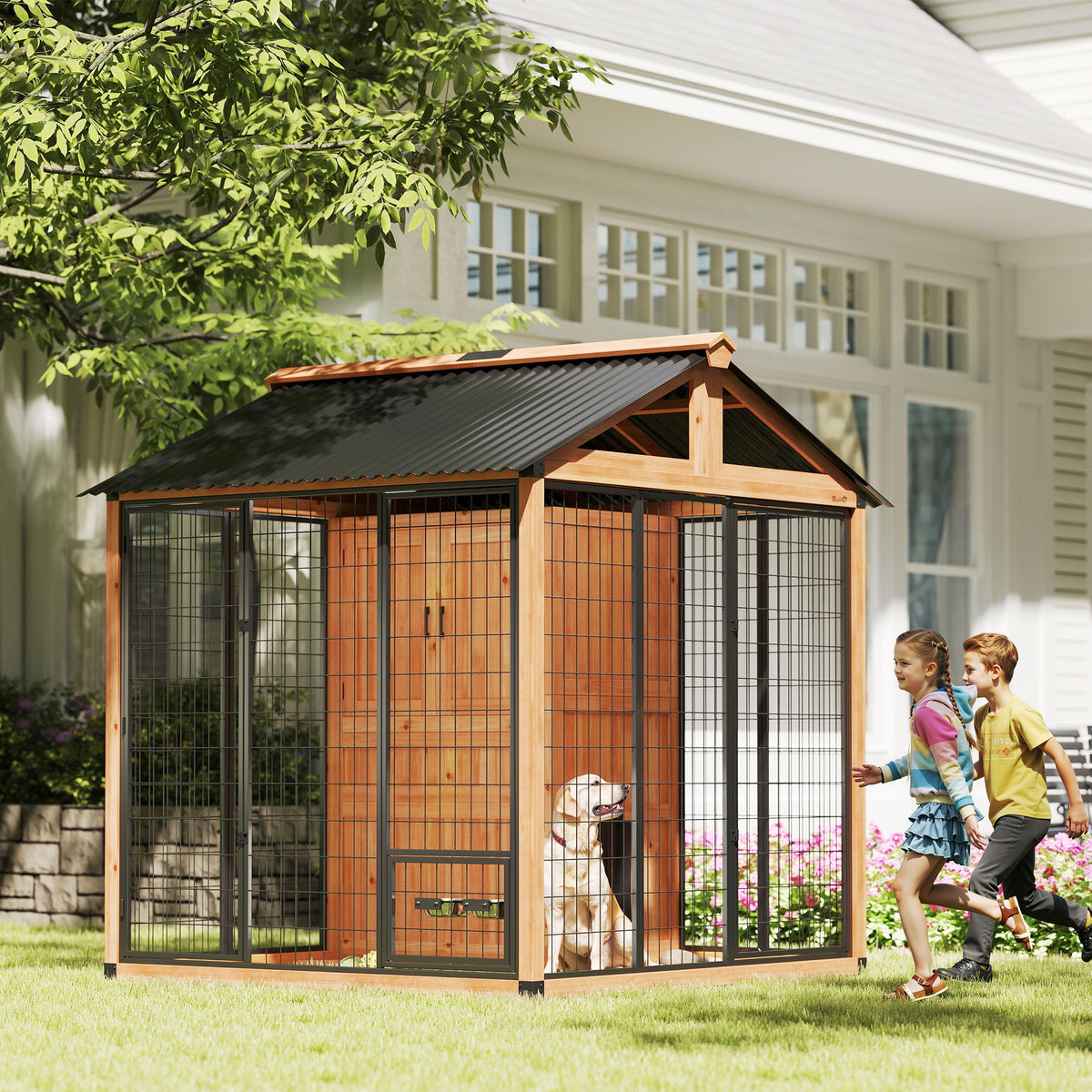 Caseta para perros de 218 cm con diseño walk-in — Amarillo