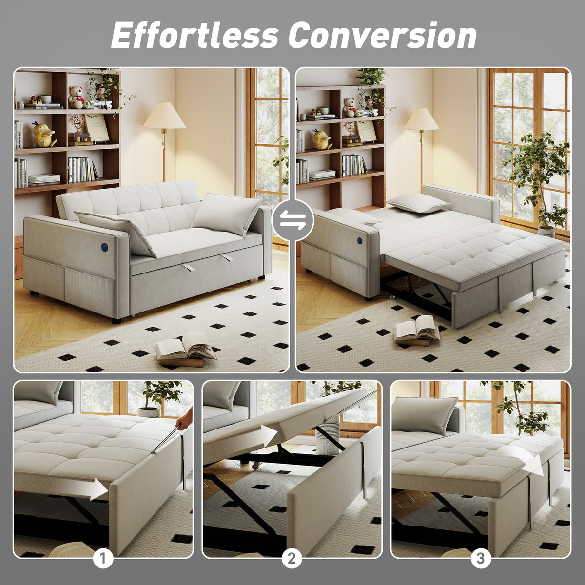 Convertible 3-in-1 Sofa Bed with USB Charging