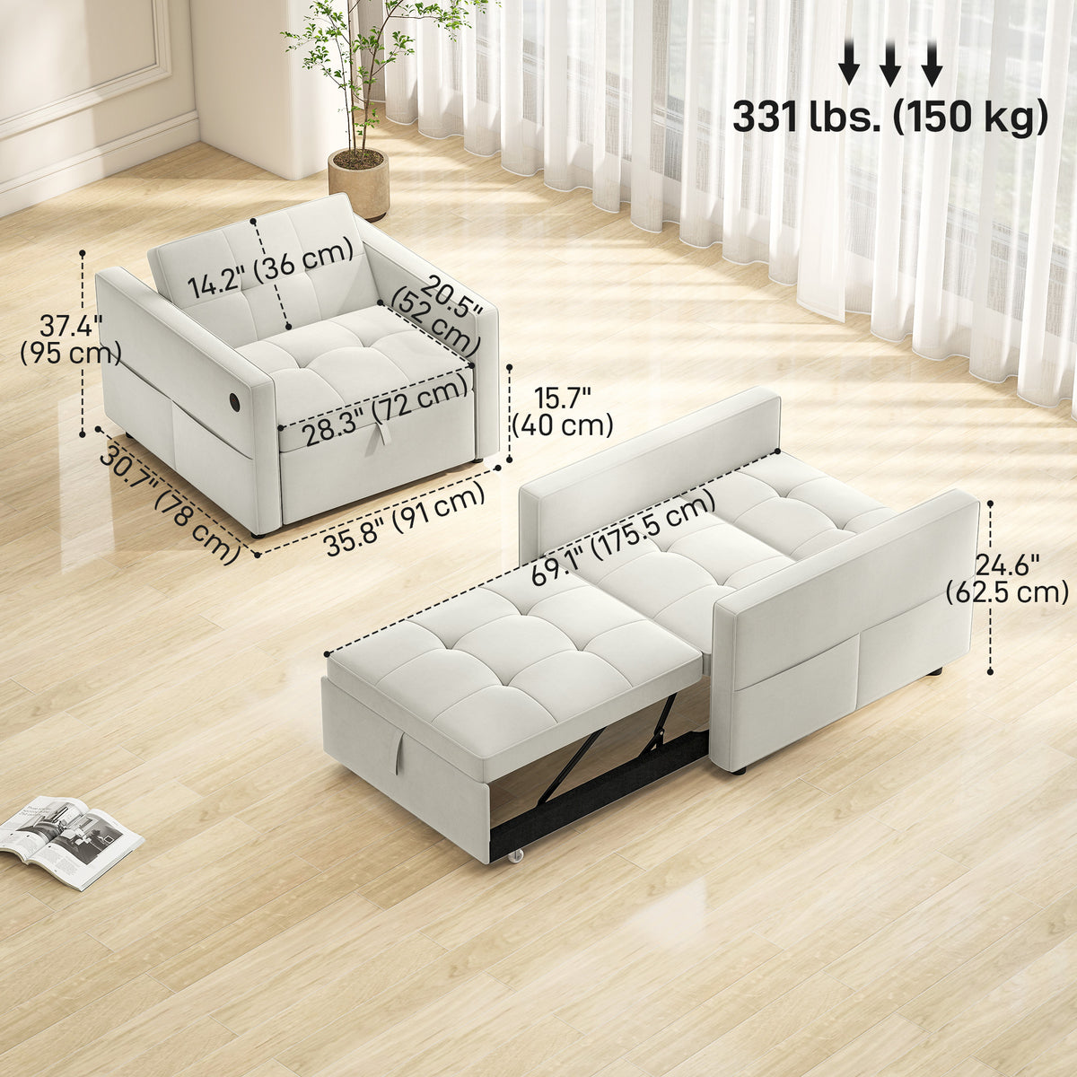 Convertible Velvet Chair Bed with USB Charging