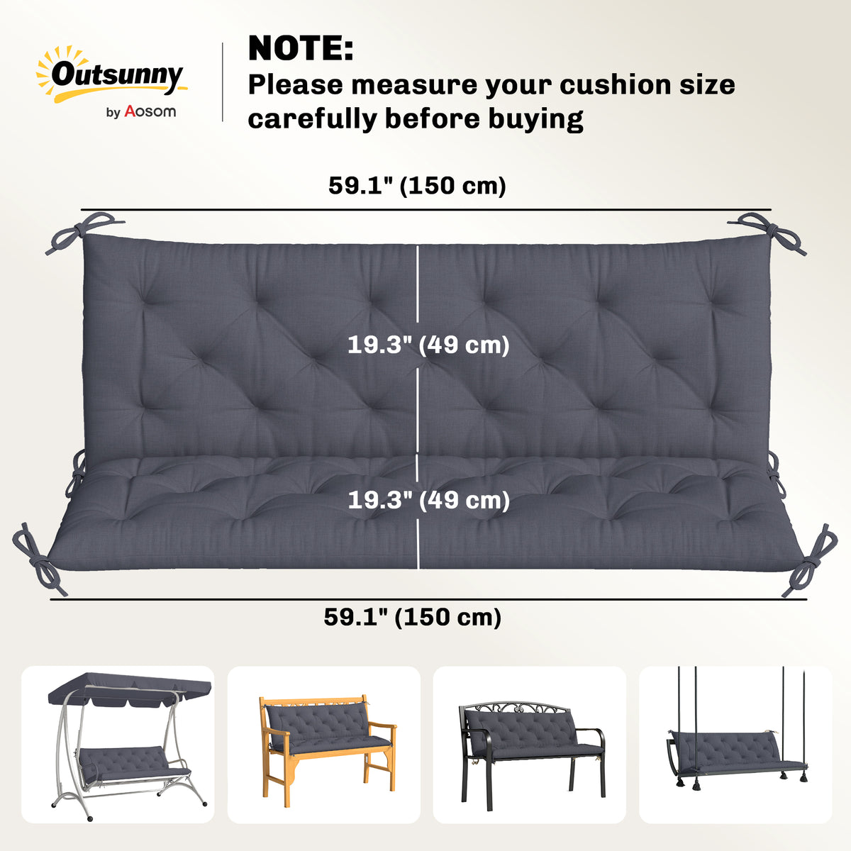 3-Seater Porch Swing Cushion with Backrest Non-Slip