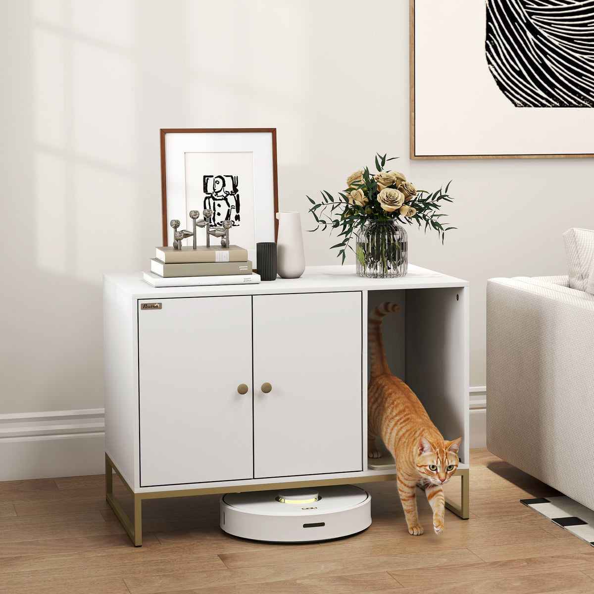 Mueble elegante para ocultar la caja de arena del gato, con patas altas