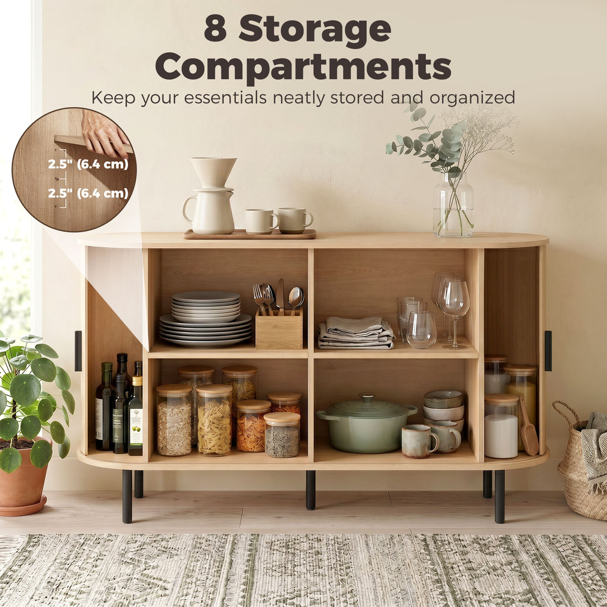 Fluted Sideboard Buffet Cabinet with Sliding Doors Adjustable Shelves