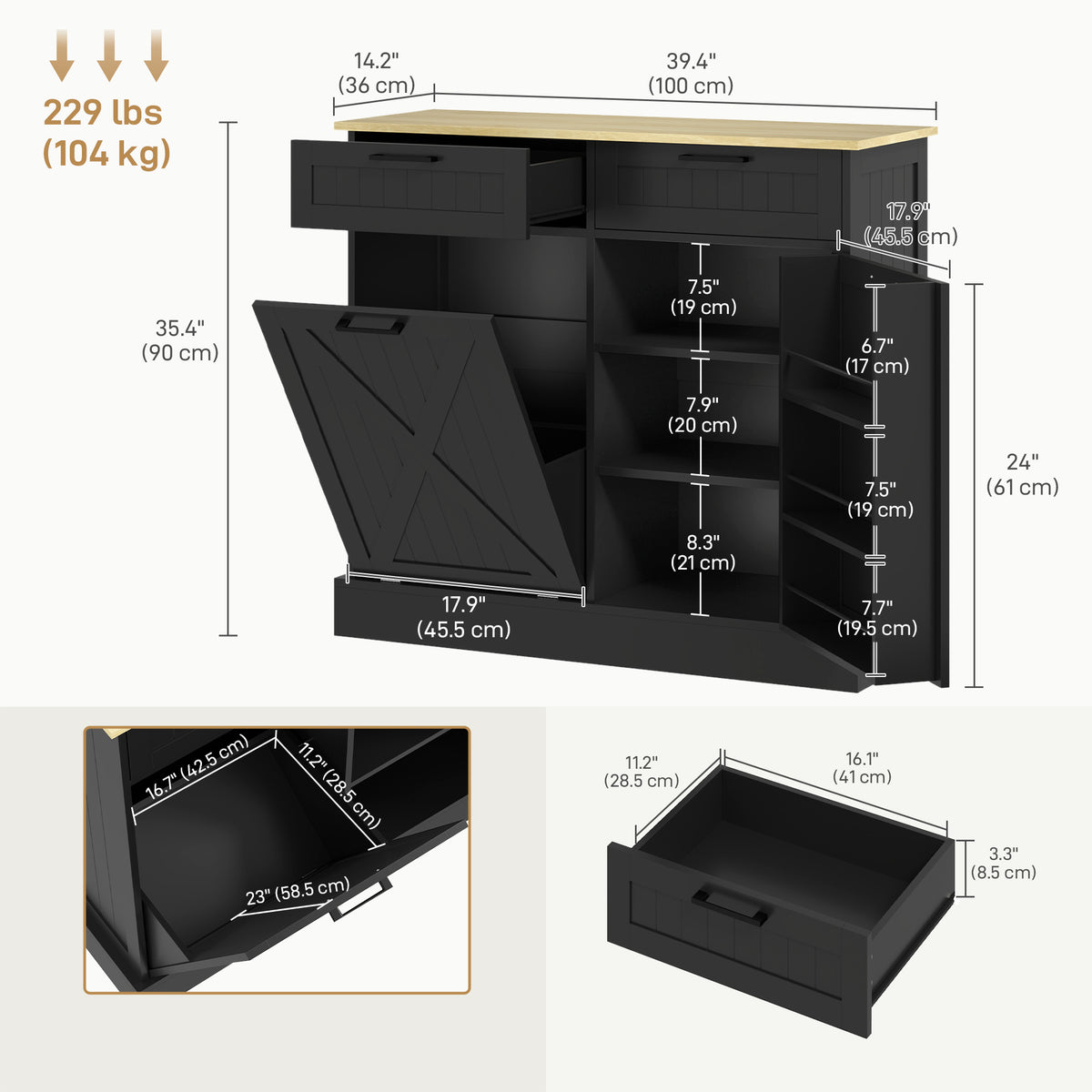 Mueble con cubo de basura oculto y 2 cajones
