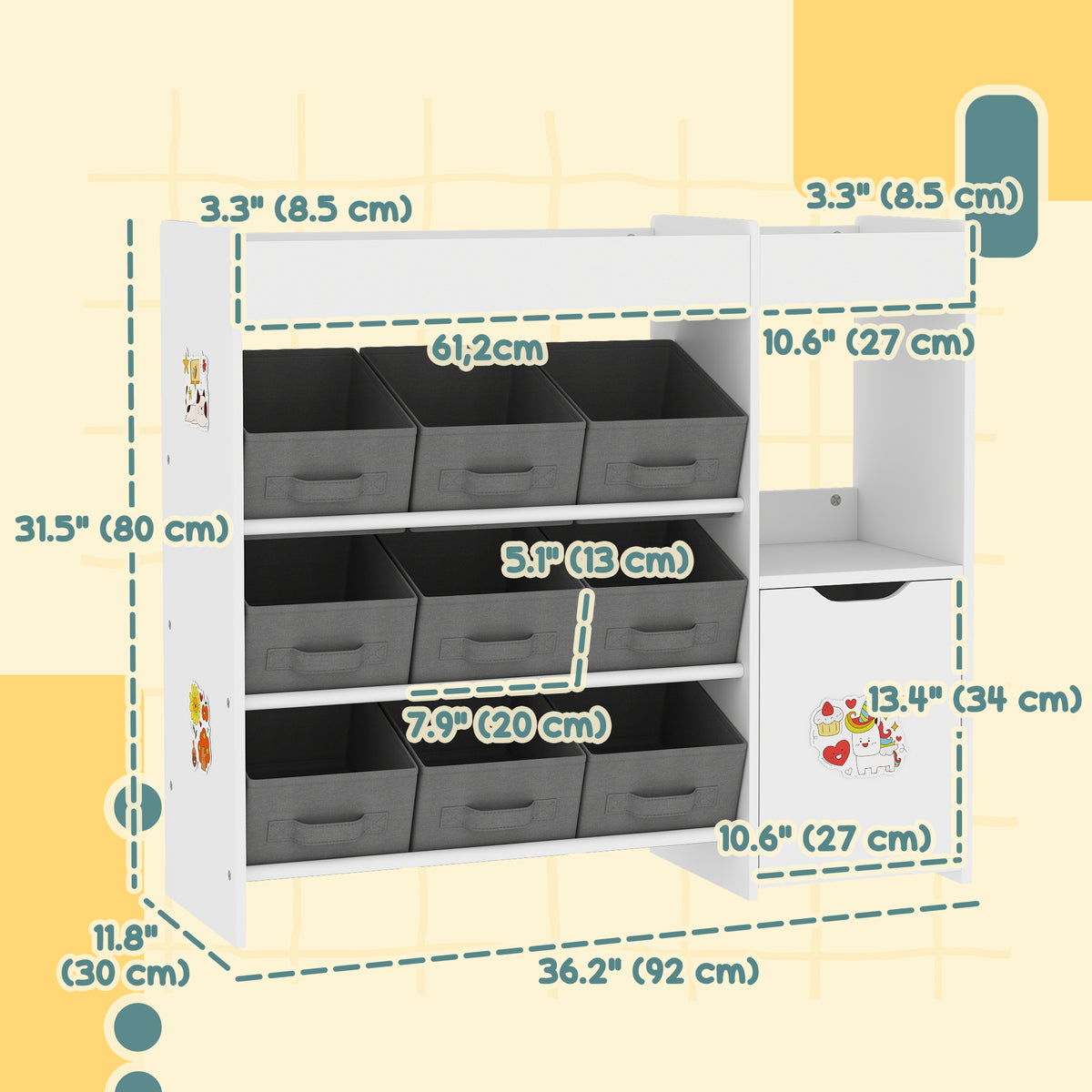 Toy storage organizer with bins and cabinet