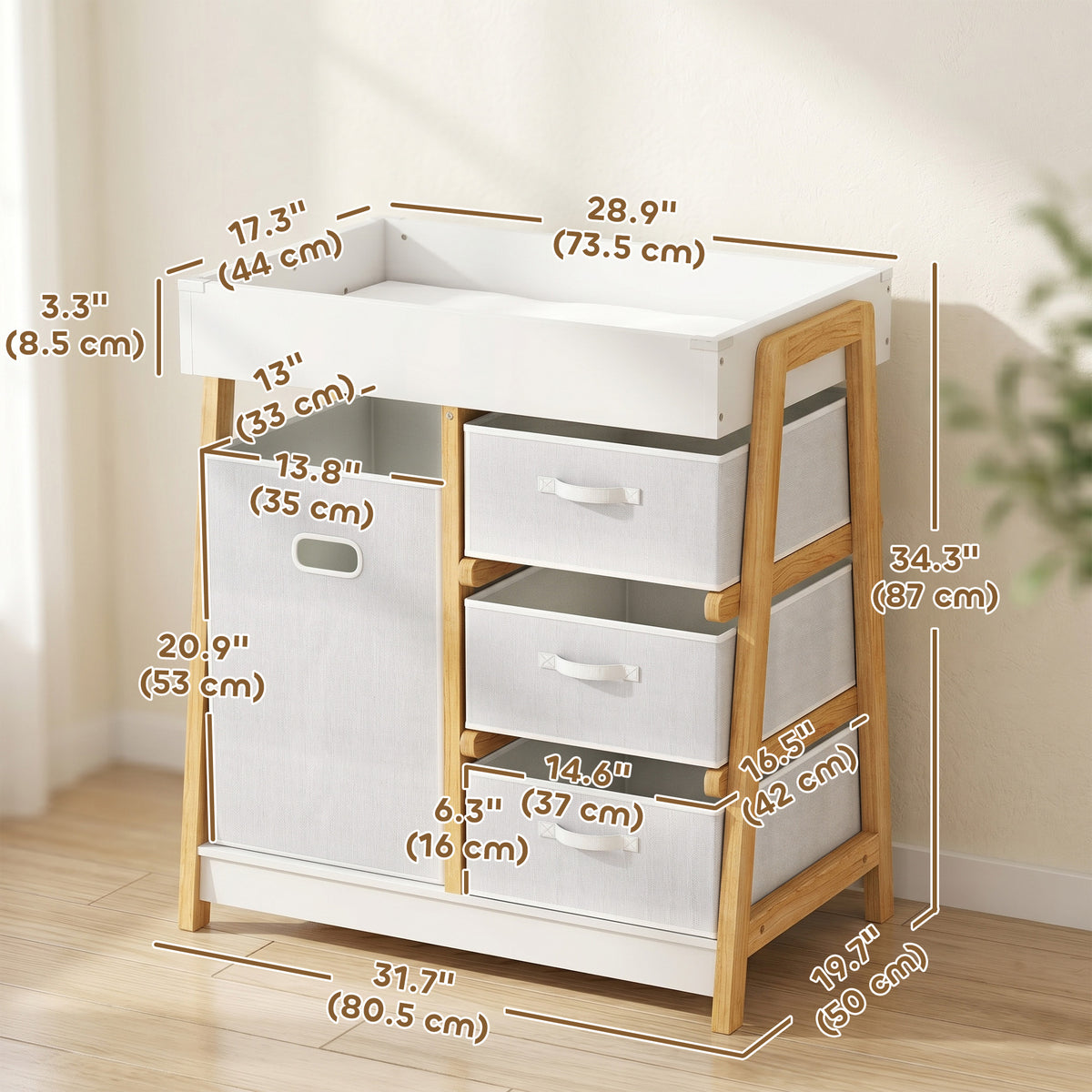 Mesa cambiadora con cajones y cesta de almacenamiento