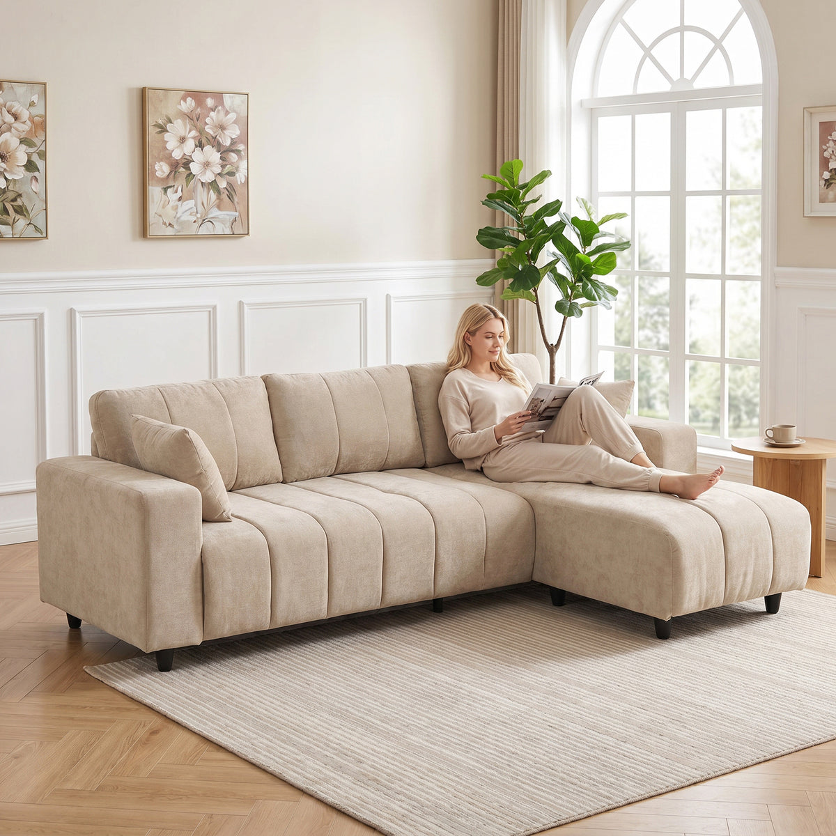 Reversible L-Shaped Sectional Sofa 4-Seater Linen
