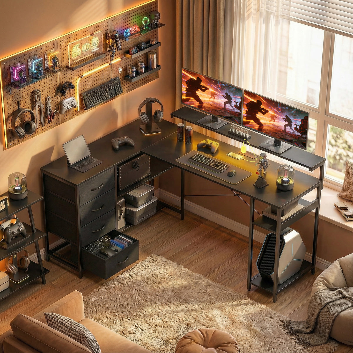Gaming Desk L-Shaped 61 Inch with Power Outlets