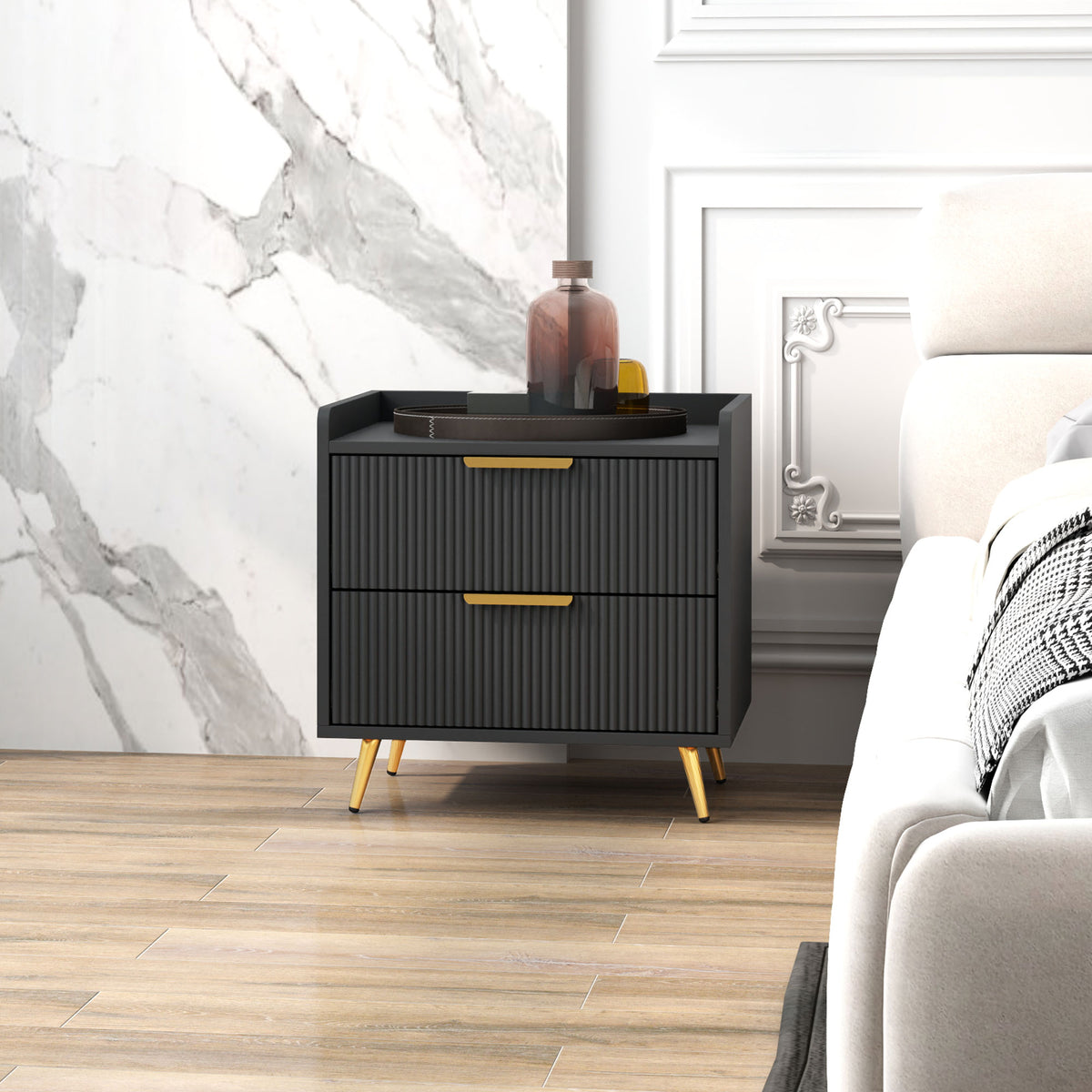 Nightstand with 2 Drawers and Metal Legs