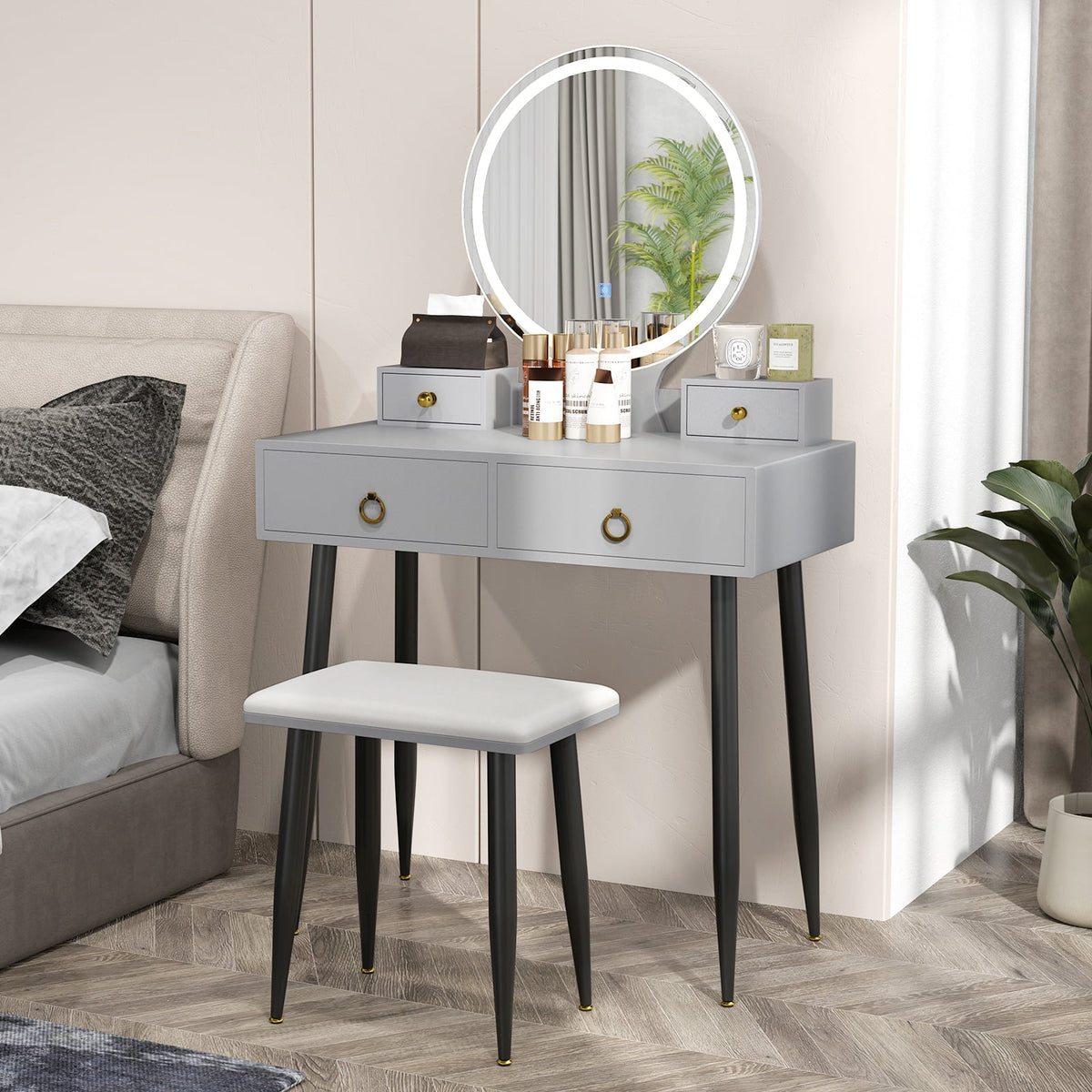 Coiffeuse 4 tiroirs avec miroir DEL 3 couleurs et tabouret