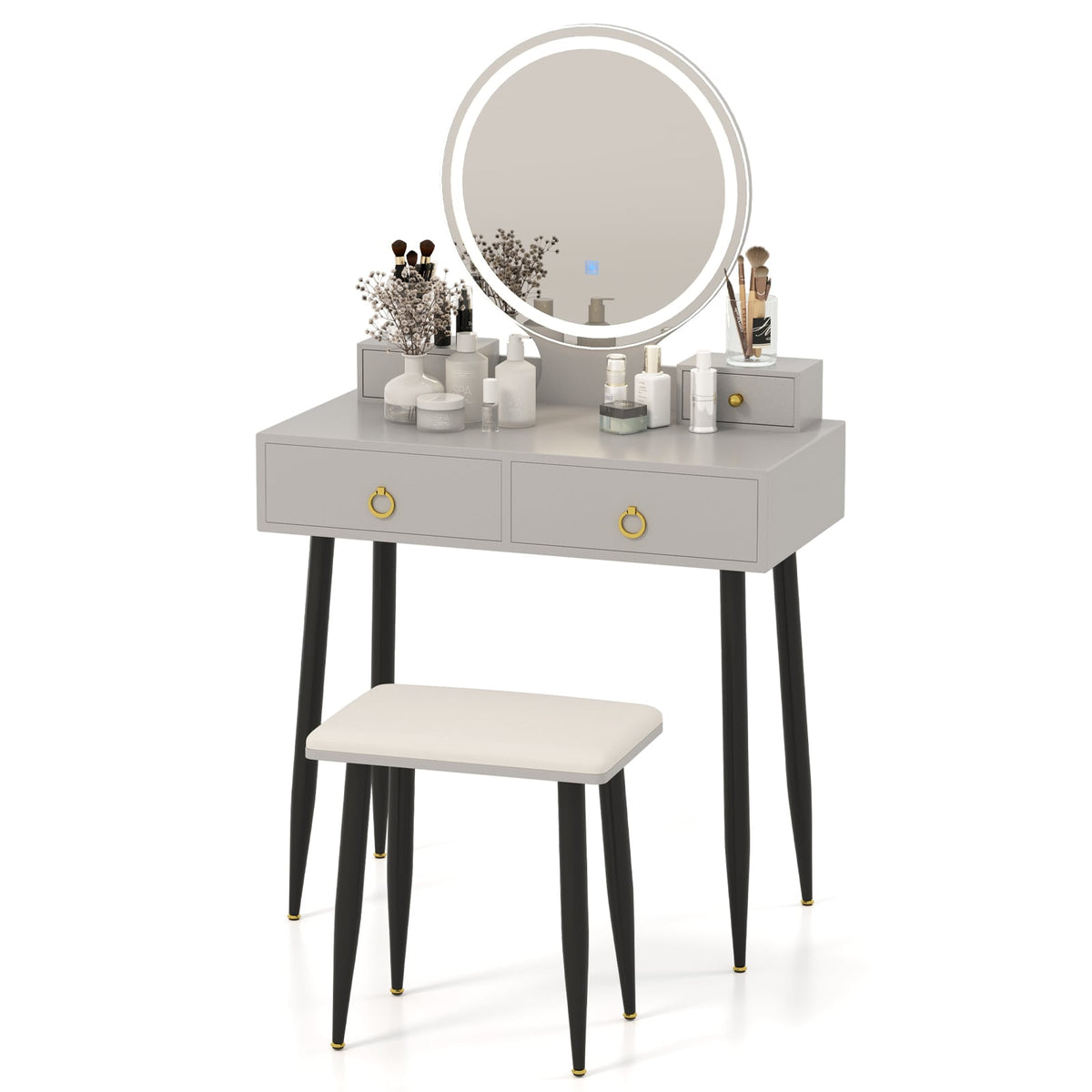 Coiffeuse 4 tiroirs avec miroir DEL 3 couleurs et tabouret